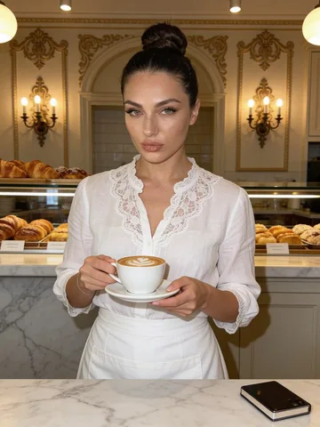 Lily holding a latte behind an elegant café counter